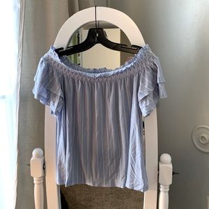 Blue and White Off The Shoulder Ruffle Blouse